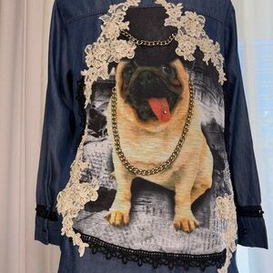 Chic Denim Jacket with Dog Print and Lace (Pet)